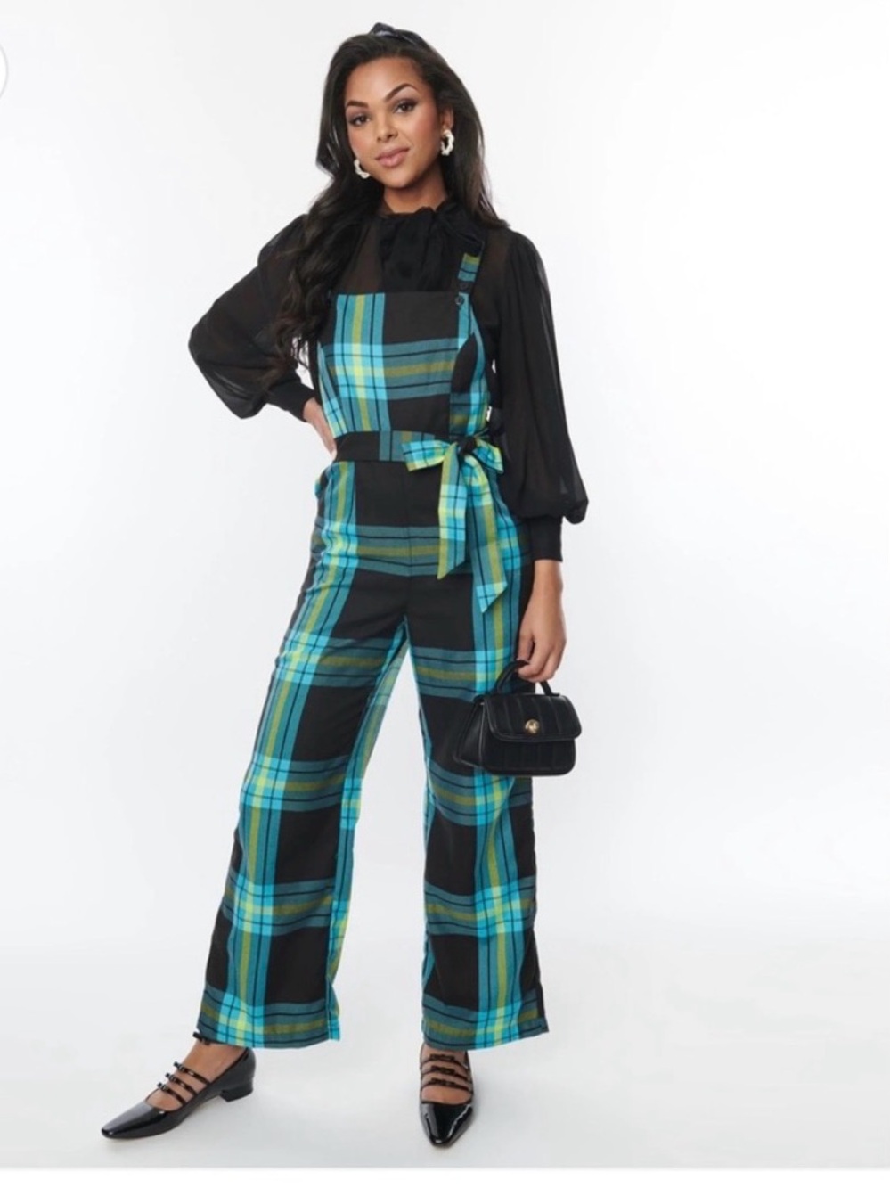 NEW WITH TAGS Plaid Square-Neck Jumpsuit with Self-Tie Waist - Blue/Black